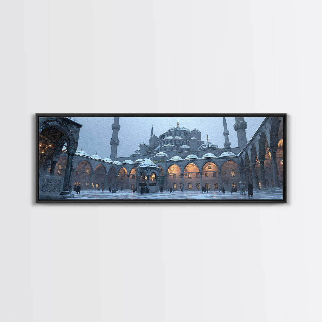 Historic Mosque Courtyard In Snowfall Cityscape Digital Painting Modern Wall Art Canvas Print For Home Decor