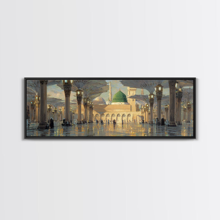 Ornate Mosque Interior With Illuminated Columns And Green Dome Wall Art Canvas Print Featuring Traditional Islamic Architecture And Spiritual Ambiance