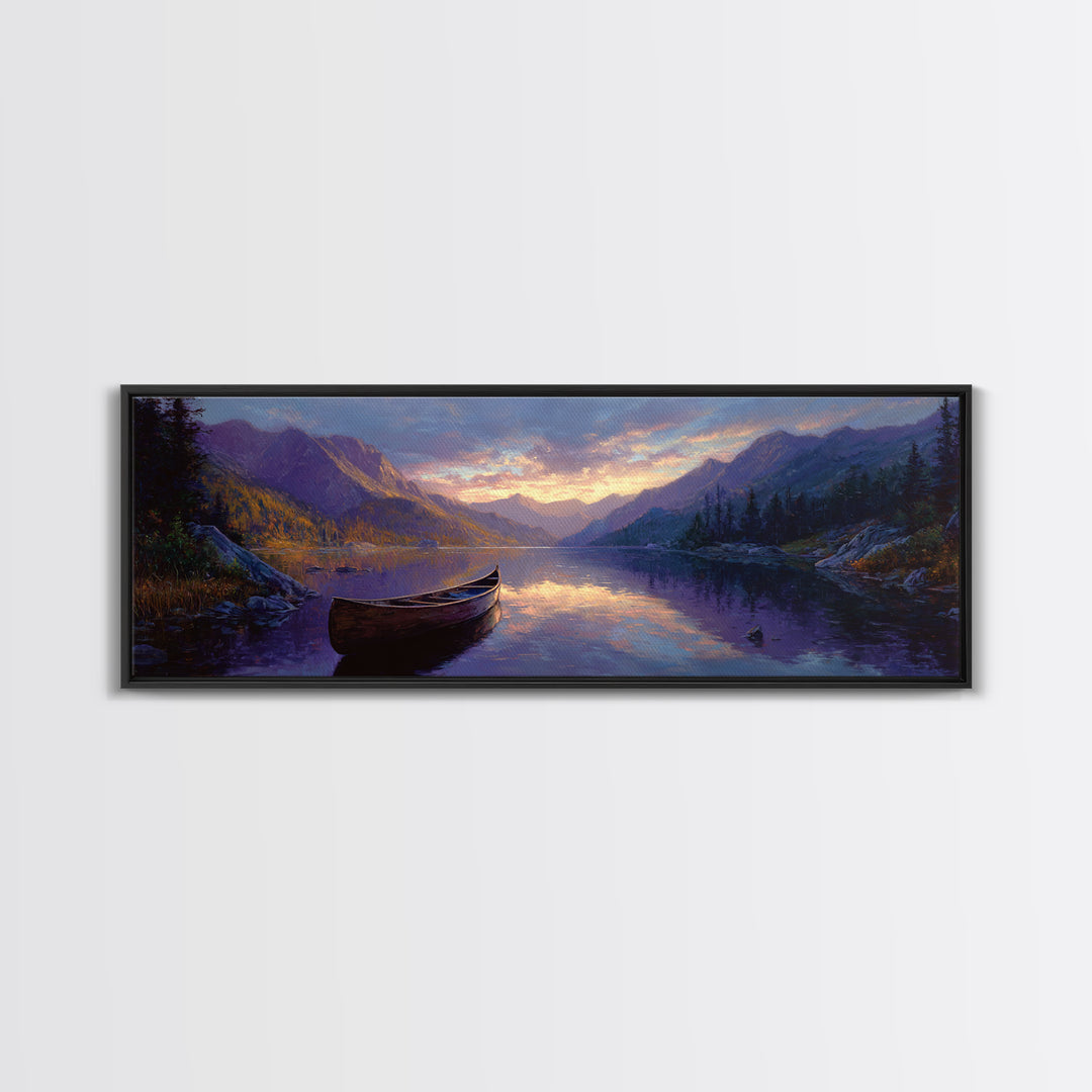 Serene Mountain Lake Landscape With Canoe Oil Painting Framed Canvas Print Large Wall Art For Living Room Decor