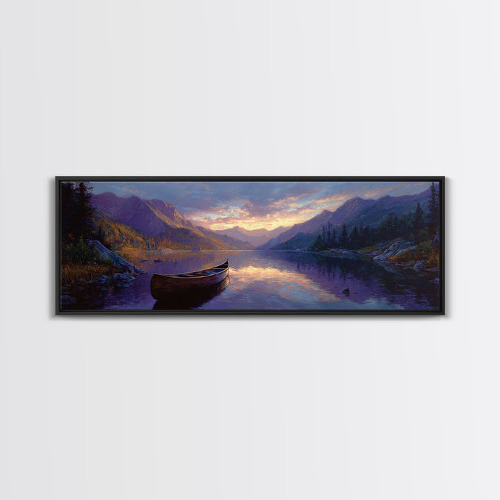 Serene Mountain Lake Landscape With Canoe Oil Painting Framed Canvas Print Large Wall Art For Living Room Decor