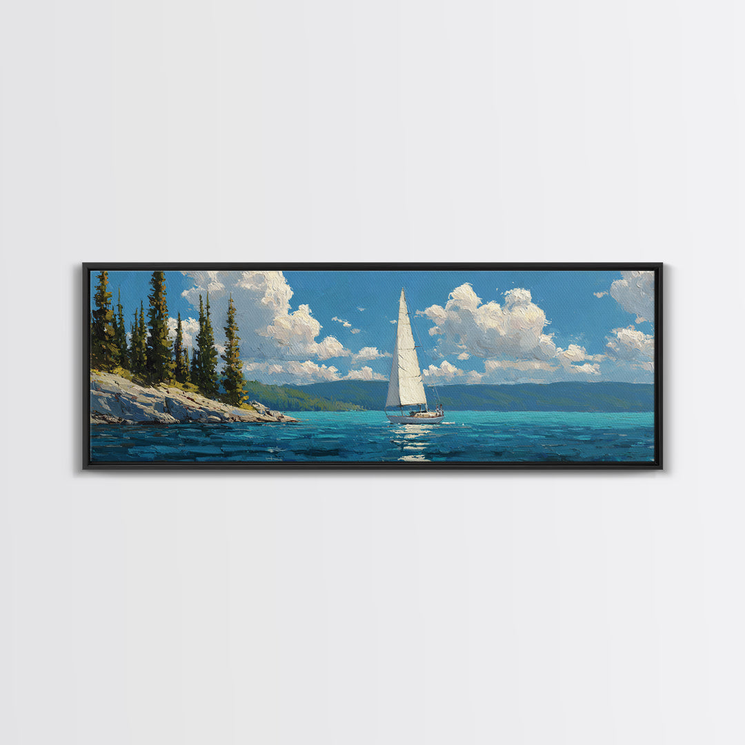 Sailboat At Sea Blue Water Maritime Painting Canvas Print Wall Art For Coastal Home Decor And Nautical Wall Decoration