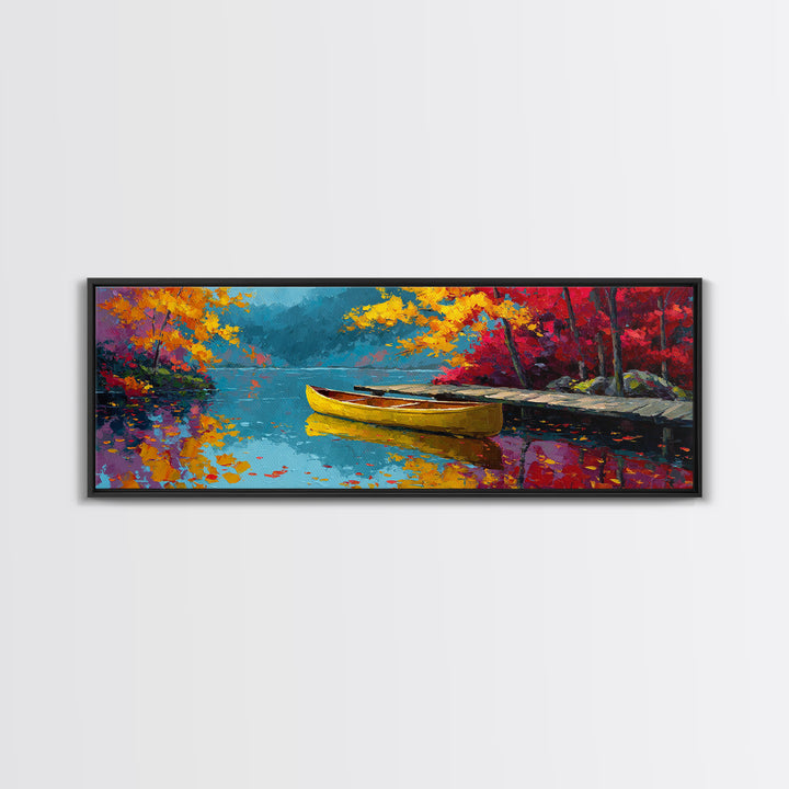 Serene Misty Forest Lake With Canoe Landscape Wall Art Framed Canvas Print For Nature Lover Home Decor