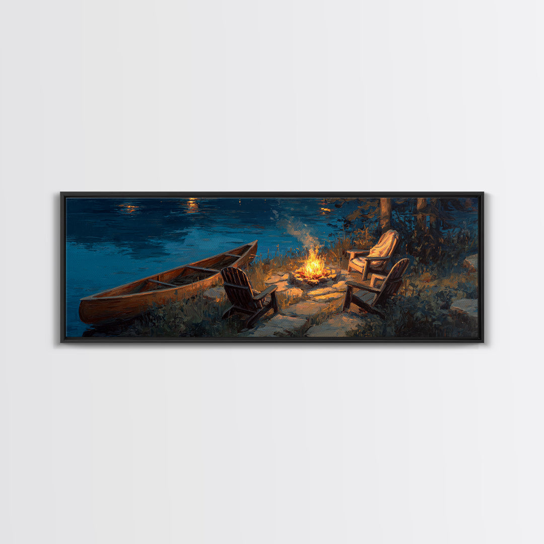 Tranquil Lakeside Campfire Scene With Chairs And Canoe Wall Art Canvas Print For Cozy Home Decor Rustic Bedroom Gift Ideas