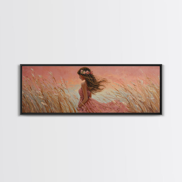 Boho Girl In Pink Dress Through Golden Wheat Field Canvas Print, Feminine Wall Art, Romantic Bedroom Decor, Housewarming Gift For Her