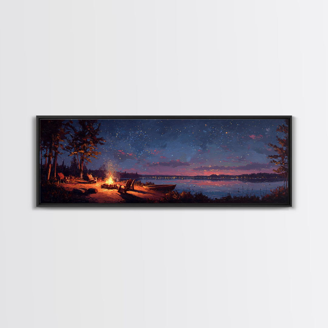 Serene Lakeside Campfire Under Starry Night Sky Wall Art Framed Canvas Print Cozy Outdoor Home Decor