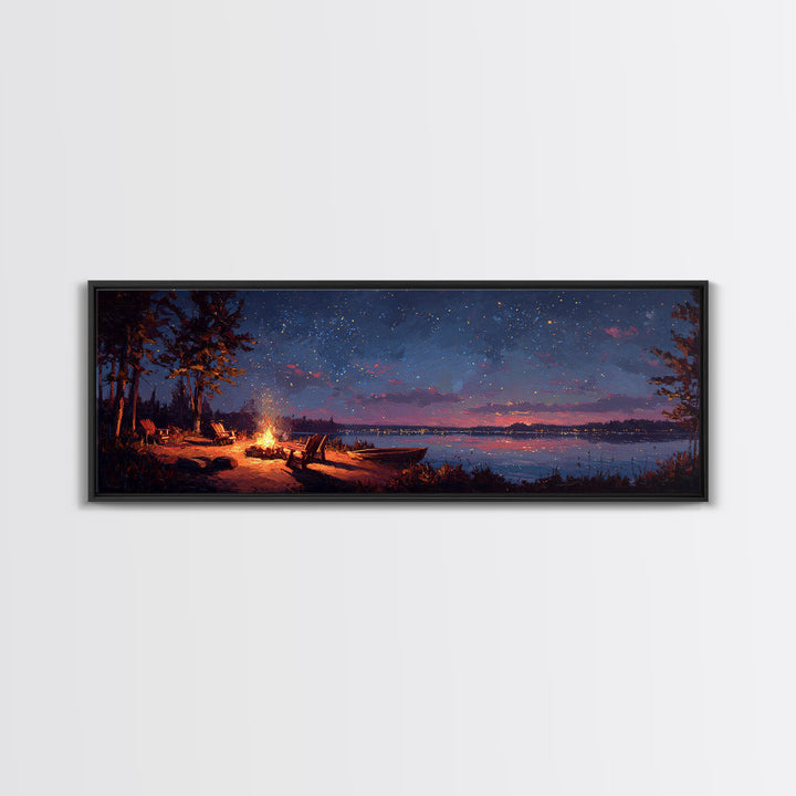 Serene Lakeside Campfire Under Starry Night Sky Wall Art Framed Canvas Print Cozy Outdoor Home Decor