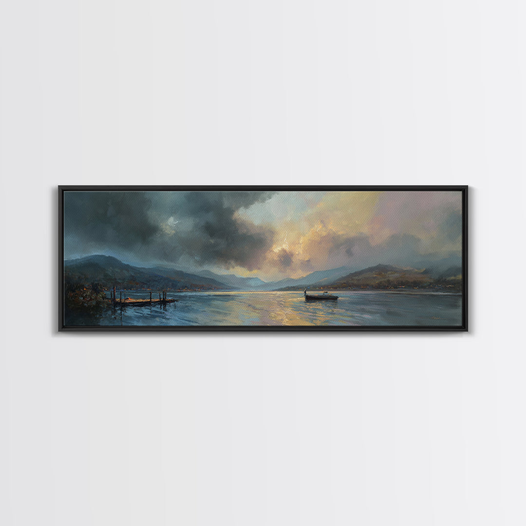 Atmospheric Lake At Dusk With Glowing Sky And Mountain Silhouette Canvas Print Modern Landscape Wall Art For Elegant Home Decor