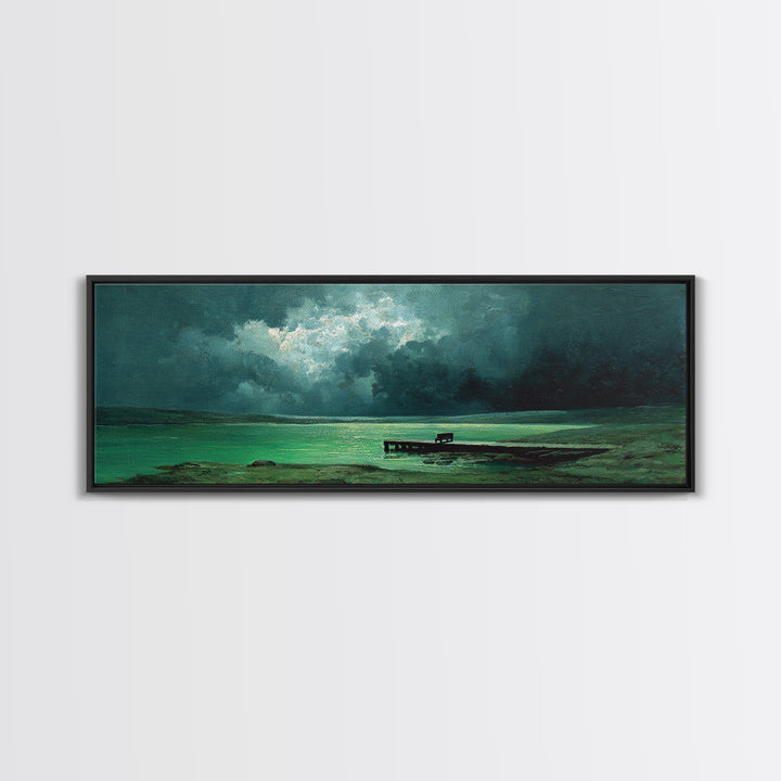 Moody Green Lakeside Dock Morning Mist Oil Landscape Painting Wall Art Canvas Print For Forest And Nature Home Decor