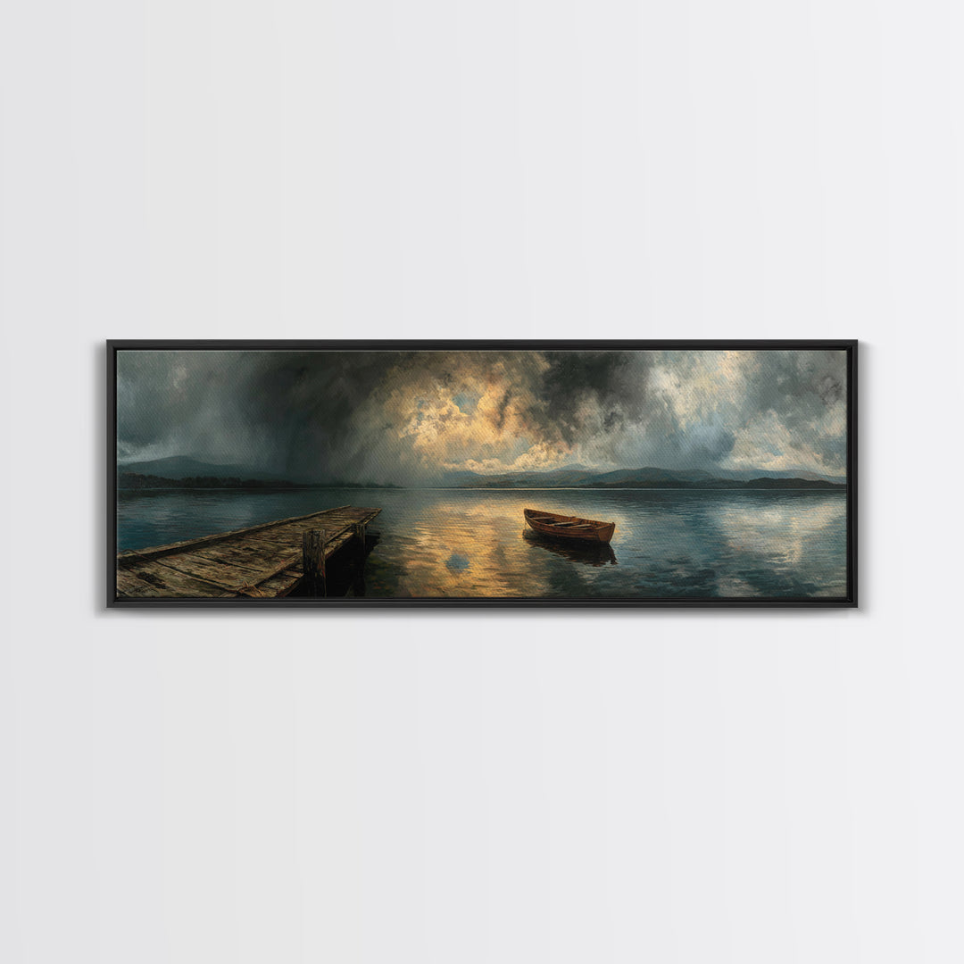 Misty Lake With Old Rowboat Wooden Dock Peaceful Landscape Print - Canvas Print, Nature Wall Art, Rustic Home Decor, Living Room Art, Gift
