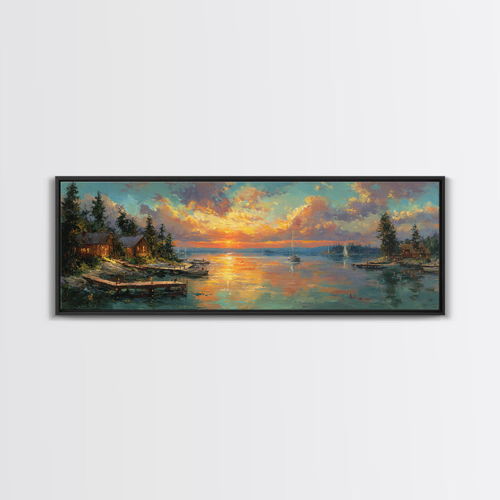 Vibrant Sunset Harbor Scene With Sailing Boats And Illuminated Dock Landscape Wall Art For Living Room And Coastal Home Decor Canvas Print