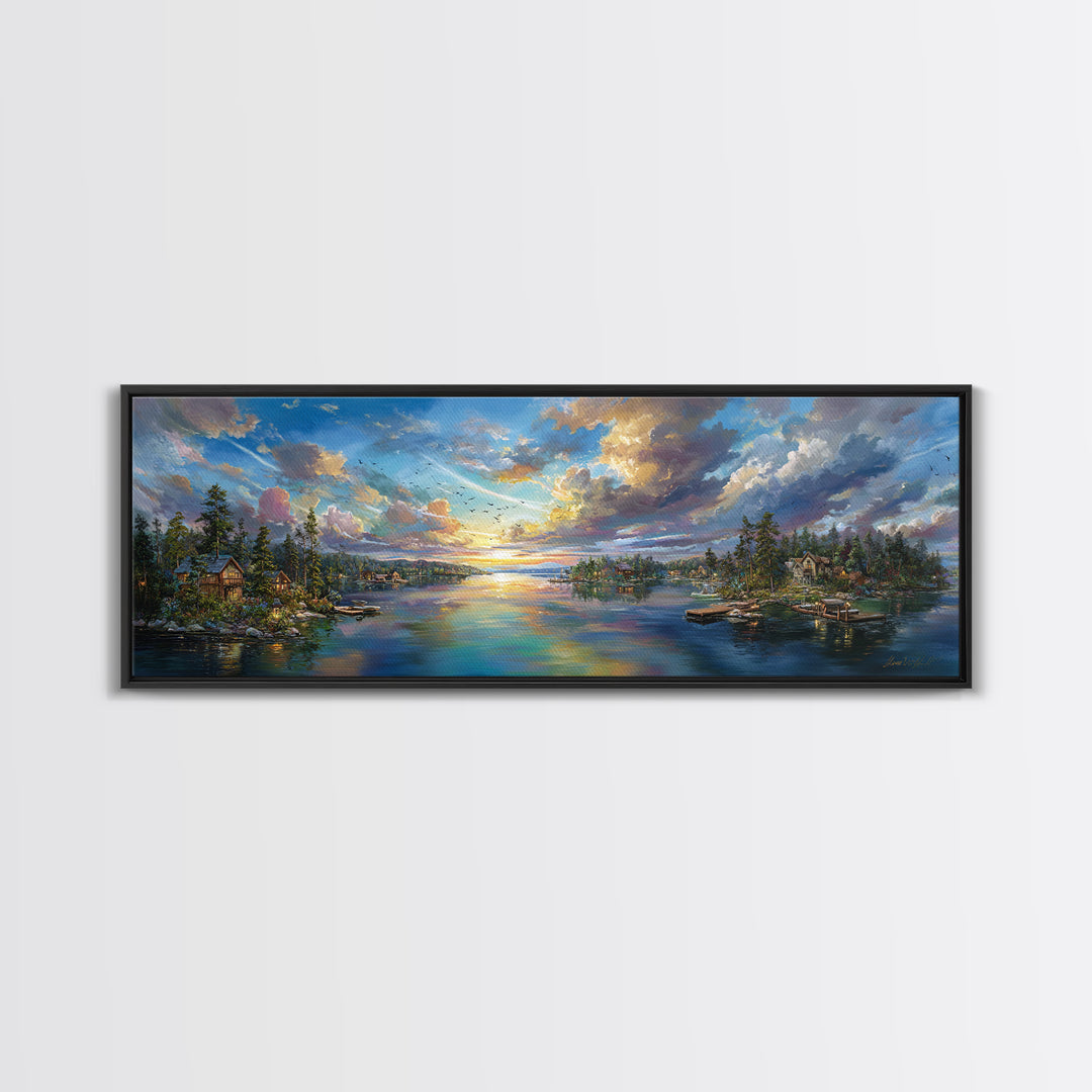 Serene Sunset Landscape Painting Wall Art Framed Canvas Print Vibrant Nature Scene With Lake And Mountains Home Decor