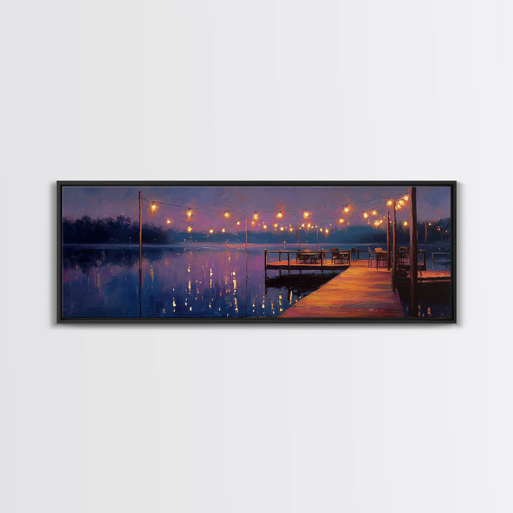 Cozy Lakeside Evening With Warm Lights Over Water - Serene Landscape Wall Art Framed Canvas Print For Relaxing Home Decor
