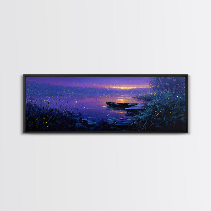 Serene Nighttime Lake Scene With Boat And Fireflies Peaceful Landscape Wall Art Canvas Print