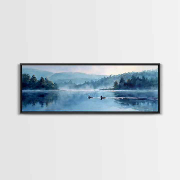 Mystical Lakeside Scene With Two Loons Swimming Among Misty Trees Watercolor Painting Canvas Print For Nature Wall Art