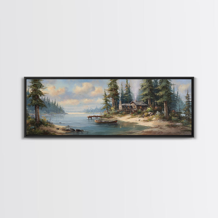 Rustic Cabin By The Lake Painting In A Serene Forest Landscape Wall Art Framed Canvas Print Nature Home Decor