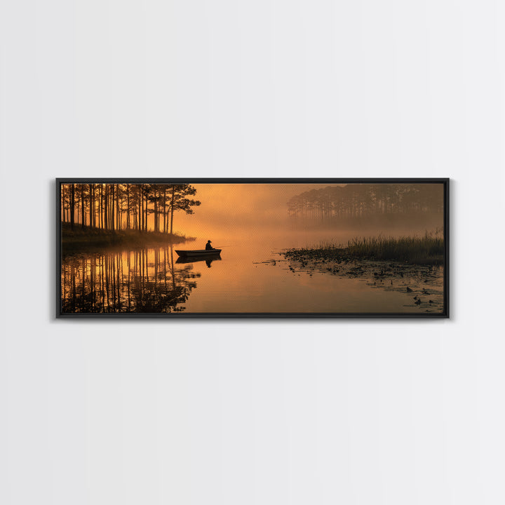 Peaceful Fisherman On Misty Lake At Sunrise Nature Wall Art Canvas Print For Tranquil Living Room Decor
