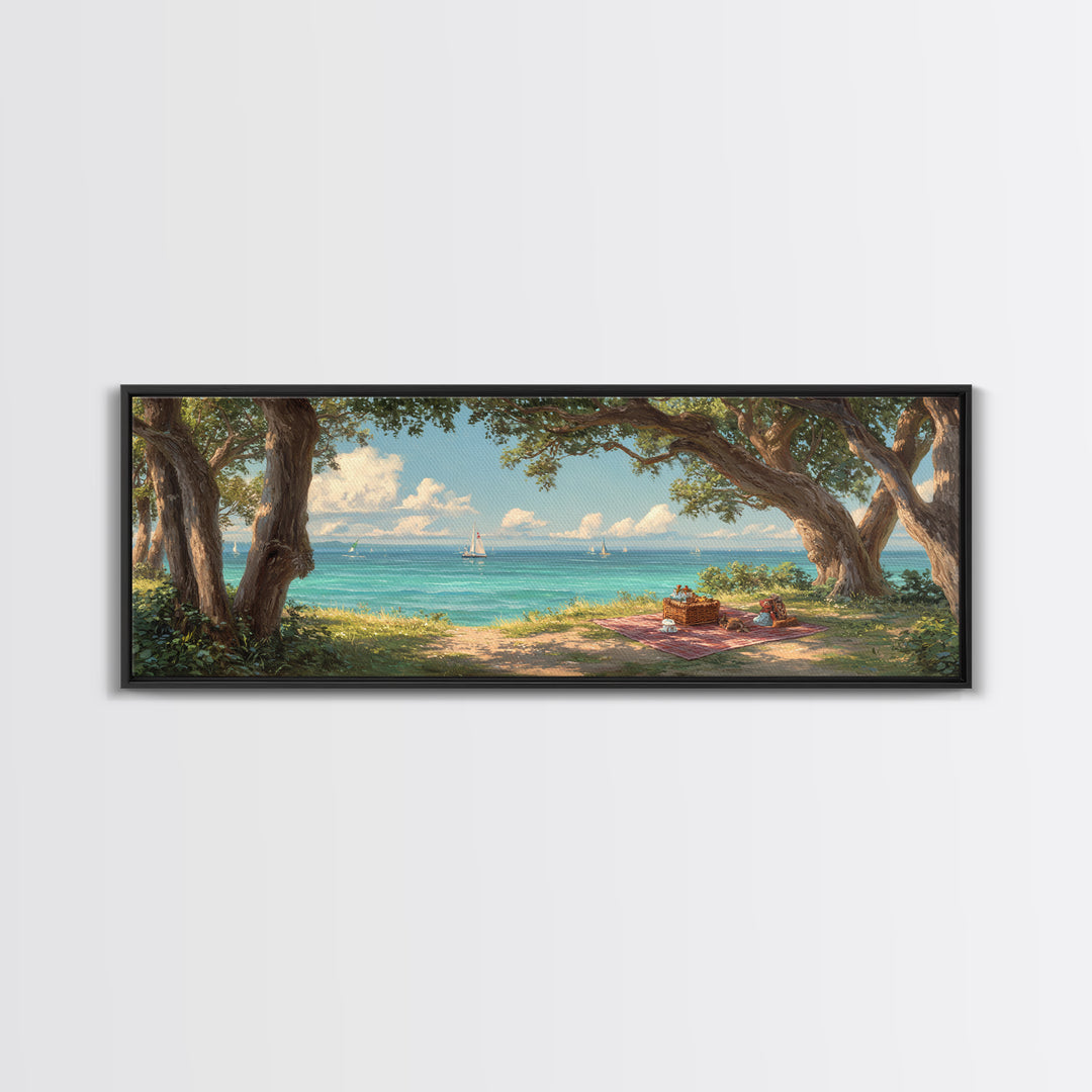 Coastal Picnic Scene With Tranquil Blue Ocean And Sailboats Under Trees - Serene Wall Art Framed Canvas Print For Home Decor