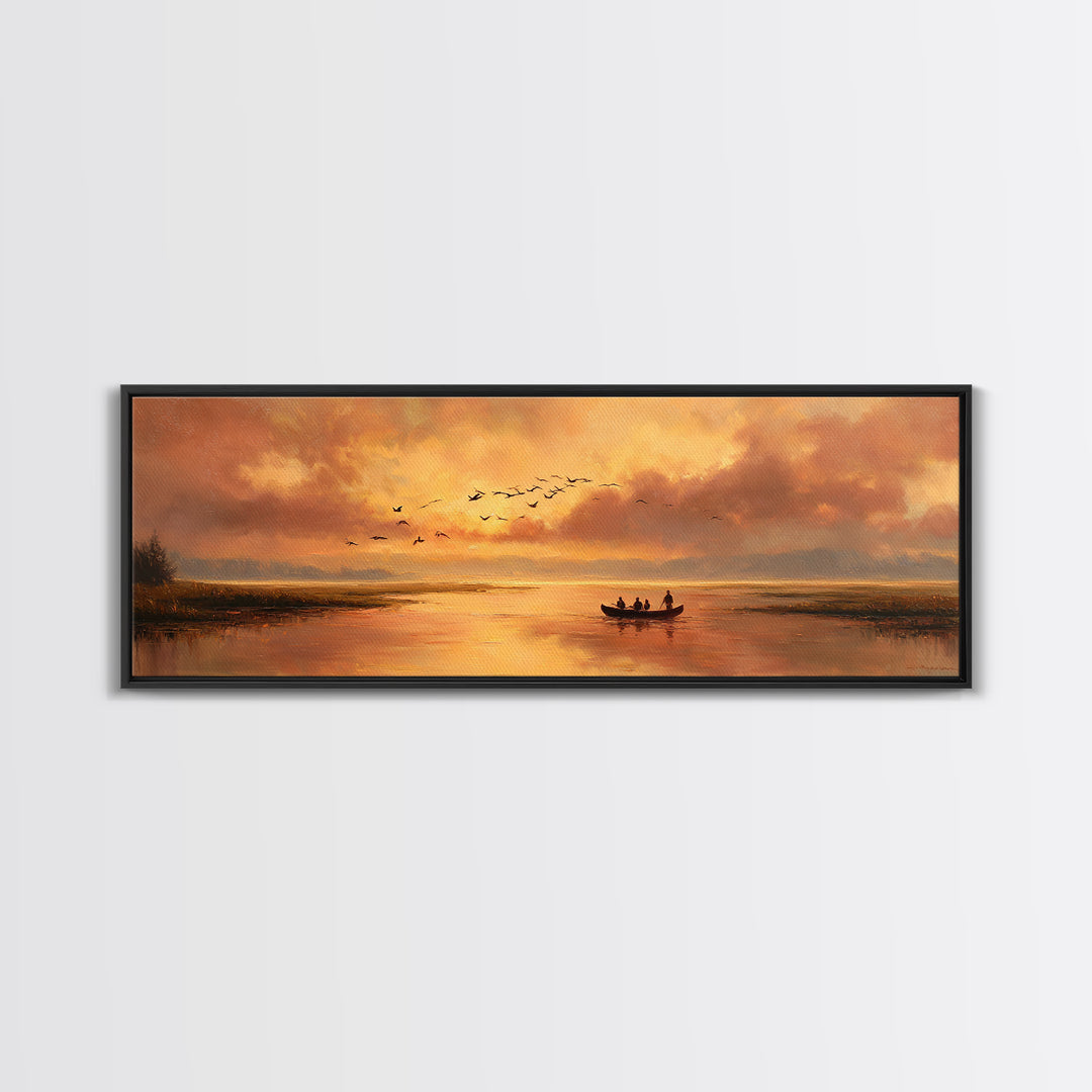 Majestic Canvas Print Featuring Golden Light Over Calm River With Silhouetted Boat Serene Landscape Art For Living Room Home Decor And Tranquil Spaces