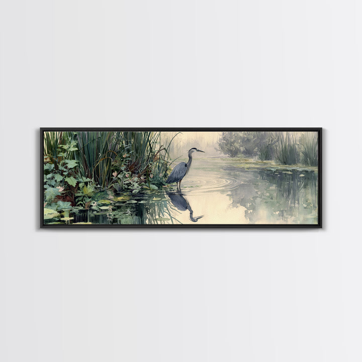 Serene Watercolor Painting Of Heron Standing In Misty Wetlands Surrounded By Lush Vegetation Wall Art