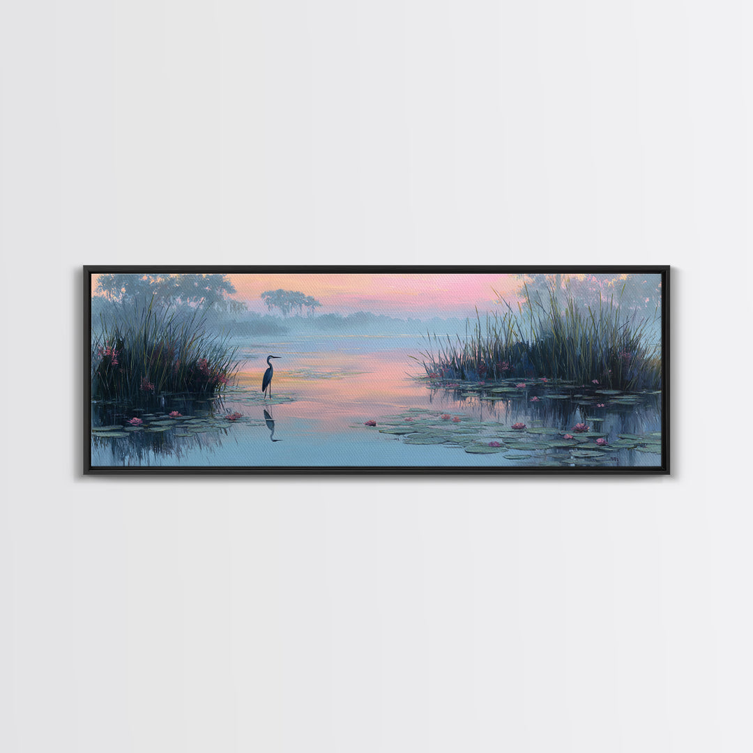Tranquil Wetland Scene With Heron Standing Among Lilies At Sunrise Wall Art Canvas Print For Bedroom Decor