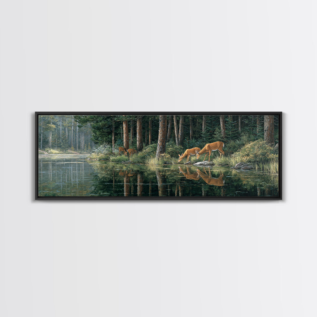 Peaceful Forest Scene With Deer Drinking By The Stream Reflective Nature Wall Art For Living Room Decor Framed Canvas Print