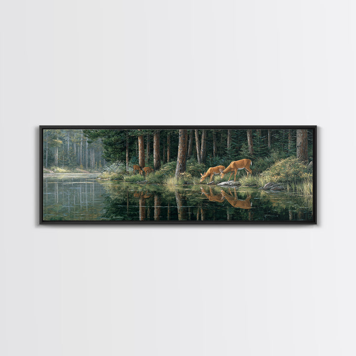 Peaceful Forest Scene With Deer Drinking By The Stream Reflective Nature Wall Art For Living Room Decor Framed Canvas Print