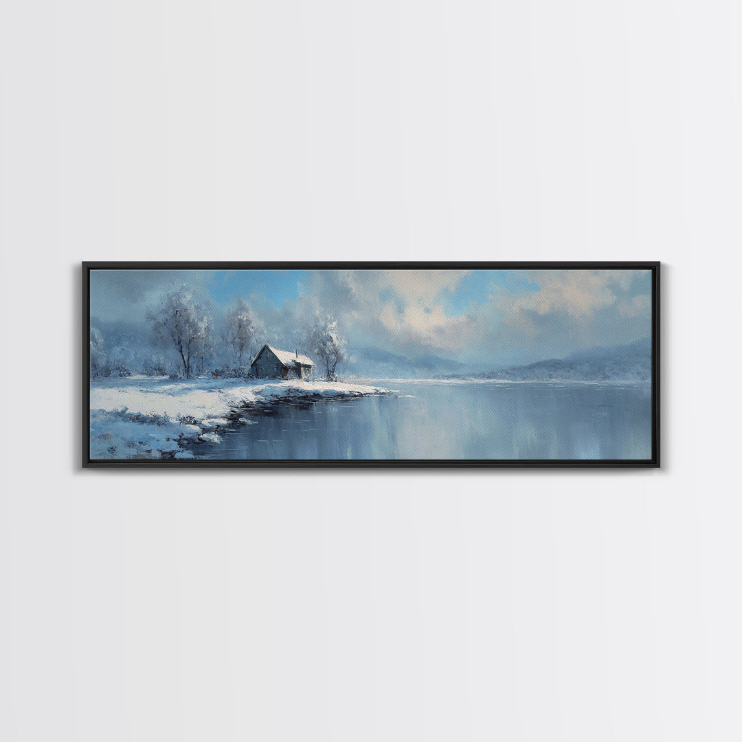 Peaceful Winter Lake Landscape With Snow Covered Cabin Painting Canvas Print Large Wall Art For Cozy Home Decor