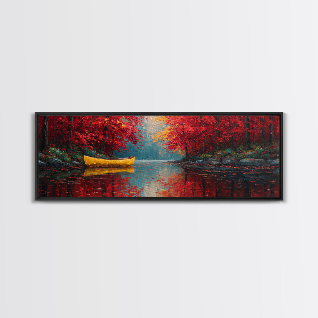 Vibrant Yellow Canoe On Calm Lake With Autumn Red Trees Framed Canvas Print Rustic Fall Wall Art