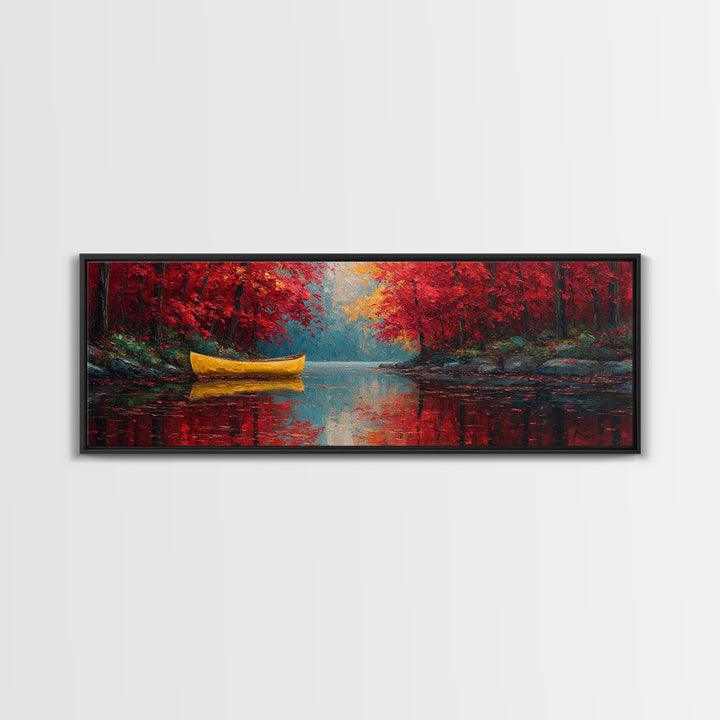 Vibrant Yellow Canoe On Calm Lake With Autumn Red Trees Framed Canvas Print Rustic Fall Wall Art