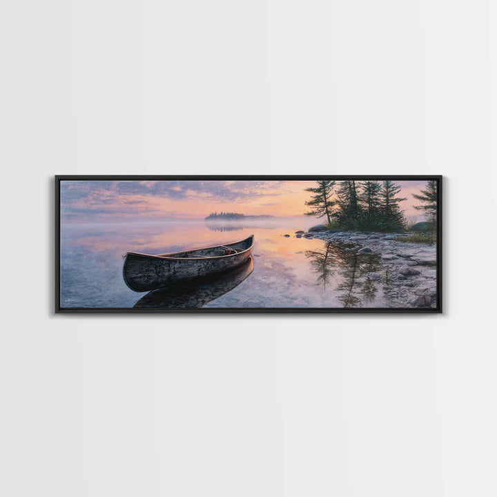 Peaceful Canoe At Sunrise On Misty Lake Landscape Wall Art Framed Canvas Print For Bedroom Or Living Room Decor