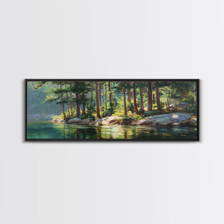 Sunlit Pine Lake Shore Wall Art, Forest Landscape Canvas Print, Nature Wall Decor, Cabin Decor, Large Horizontal Art, Living Room Decor