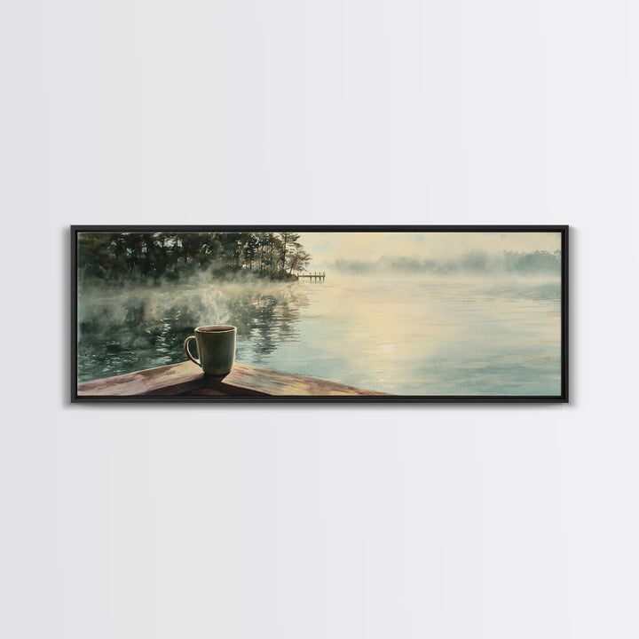 Misty Lake Coffee On Dock Wall Art, Peaceful Morning Landscape Canvas Print, Cozy Kitchen Decor, Calm Nature Wall Decor Art