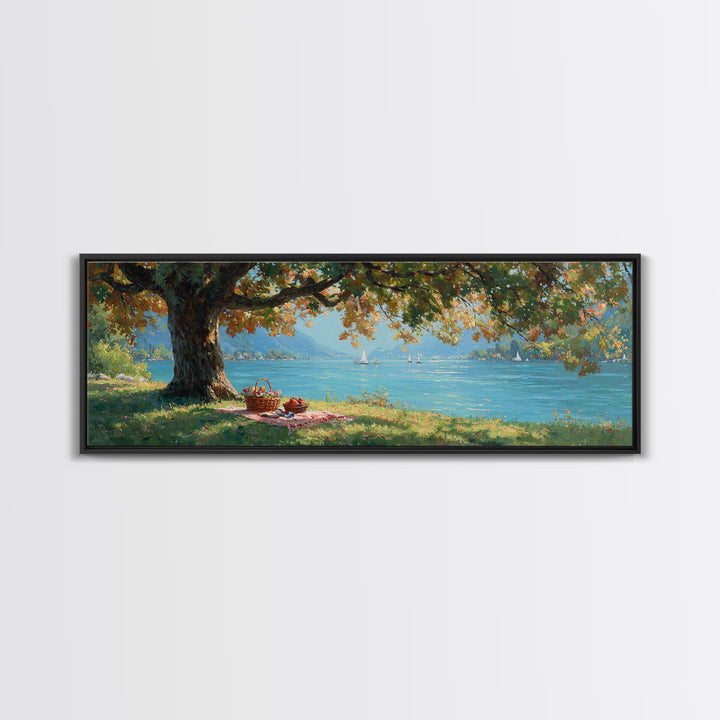 Lakeside Picnic Under Autumn Oak Canvas Print, Coastal Landscape Wall Art, Serene Nature Decor, Living Room Art, Housewarming Gift