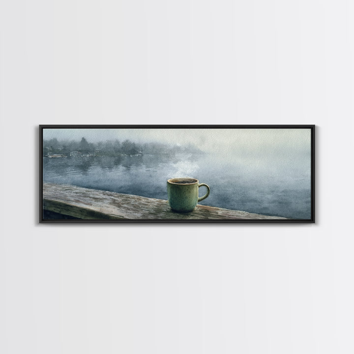 Steaming Coffee Mug On Misty Lake Wall Art, Cozy Cabin Decor, Coffee Bar Print, Rustic Kitchen Art, Serene Morning Landscape