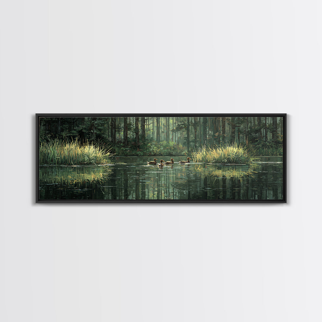 Quiet Forest Pond With Ducks Framed Canvas Print, Nature Wall Art, Rustic Cabin Decor, Green Landscape For Living Room Decor