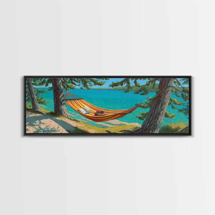 Lakeside Hammock Between Pine Trees Canvas Print, Relaxing Cabin Wall Art, Lake House Decor, Rustic Nature Gift For Living Room Wall Decor