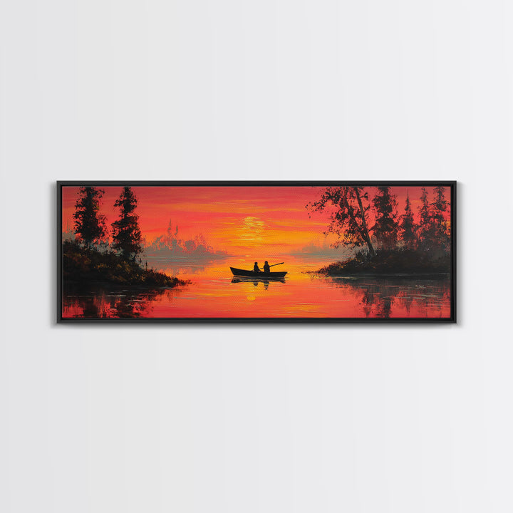 Orange Sunset Canoe Lake Wall Art, Romantic Nature Painting, Cabin Wall Art, Rustic Home Decor, Living Room Landscape Print