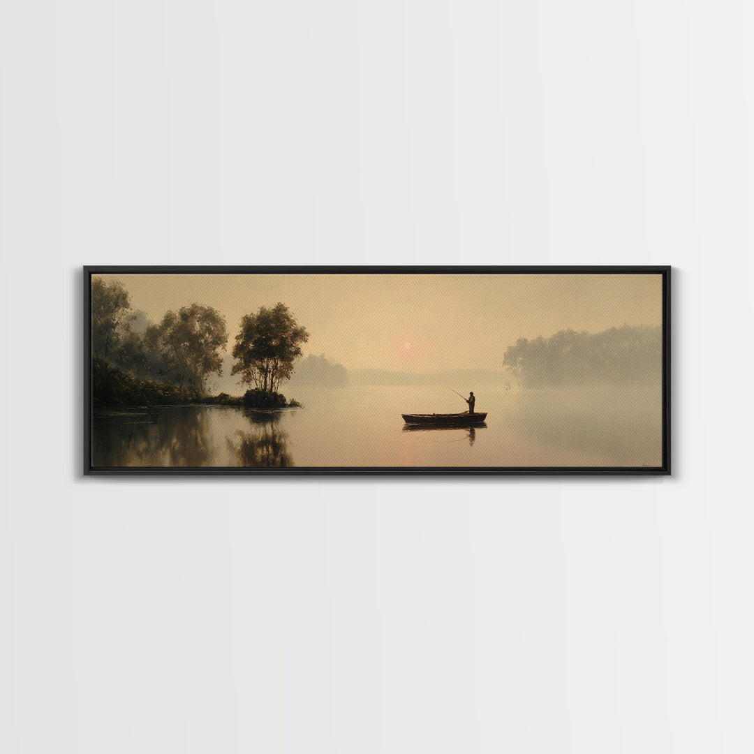 Misty Lake Fisherman Boat Wall Art, Serene Landscape Canvas Print, Neutral Nature Decor, Peaceful Living Room Art Housewarming Gift