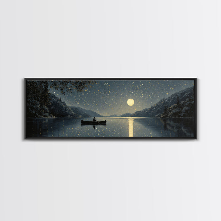 Moonlit Canoe On Snowy Lake Wall Art, Starry Night Landscape Canvas Print, Rustic Cabin Decor For Peaceful Home Living Room Wall Decor