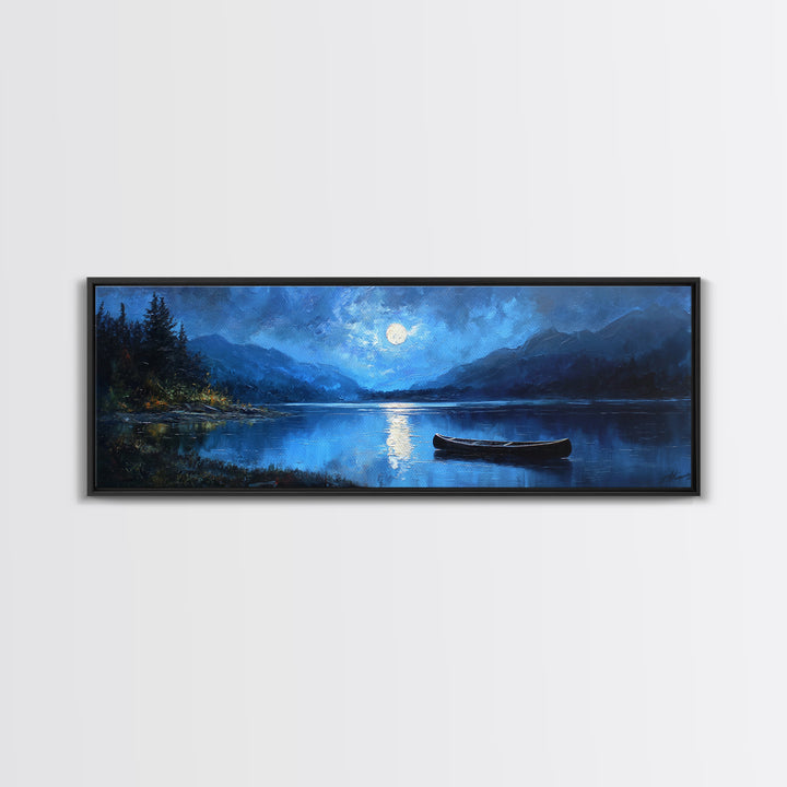 Moonlit Blue Lake Canoe Canvas Print, Moody Landscape Wall Art, Mountain Lake Decor, Cabin Wall Decor, Peaceful Nature Art