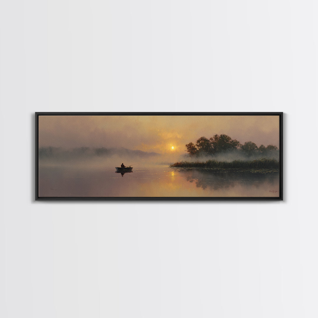 Misty Lake Sunrise With Rowboat Framed Canvas Print, Serene Marsh Landscape Wall Art, Rustic Nature Decor, Peaceful Art