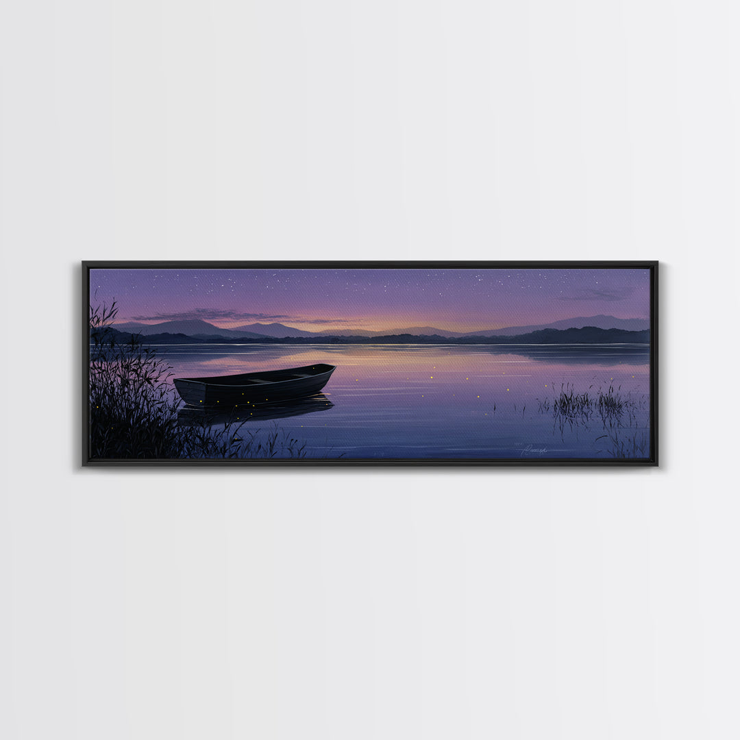 Twilight Lake Boat Framed Canvas Print, Starry Purple Mountain Landscape, Peaceful Cabin Wall Art For Cozy Bedroom Decor