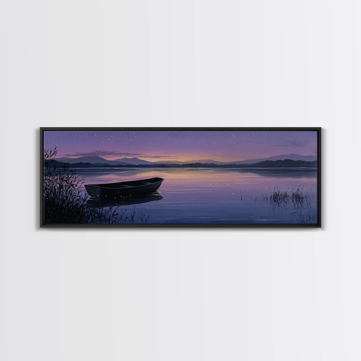 Twilight Lake Boat Framed Canvas Print, Starry Purple Mountain Landscape, Peaceful Cabin Wall Art For Cozy Bedroom Decor