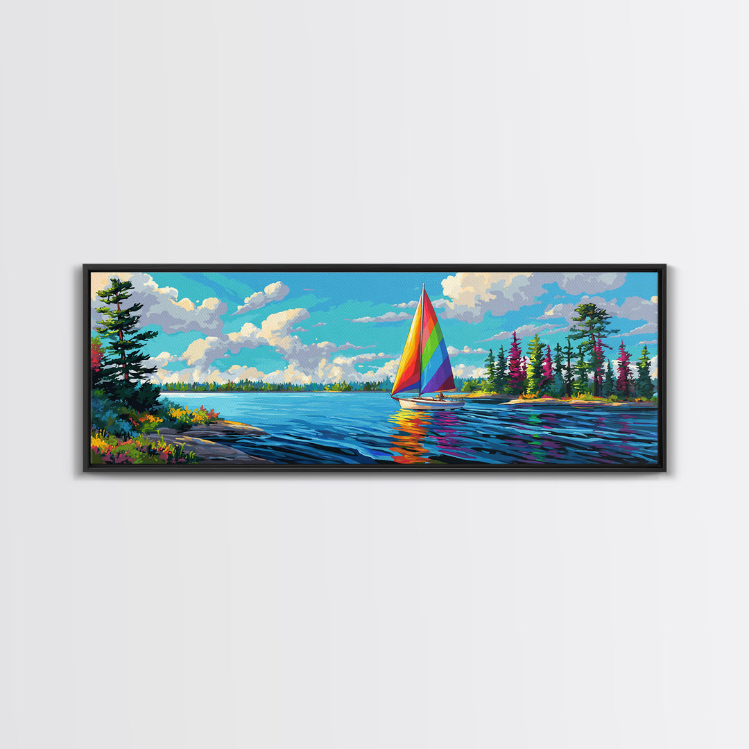 Rainbow Sailboat On Blue Lake Canvas Print, Colorful Wall Art, Coastal Decor, Nautical Poster, Lake House Living Room Art