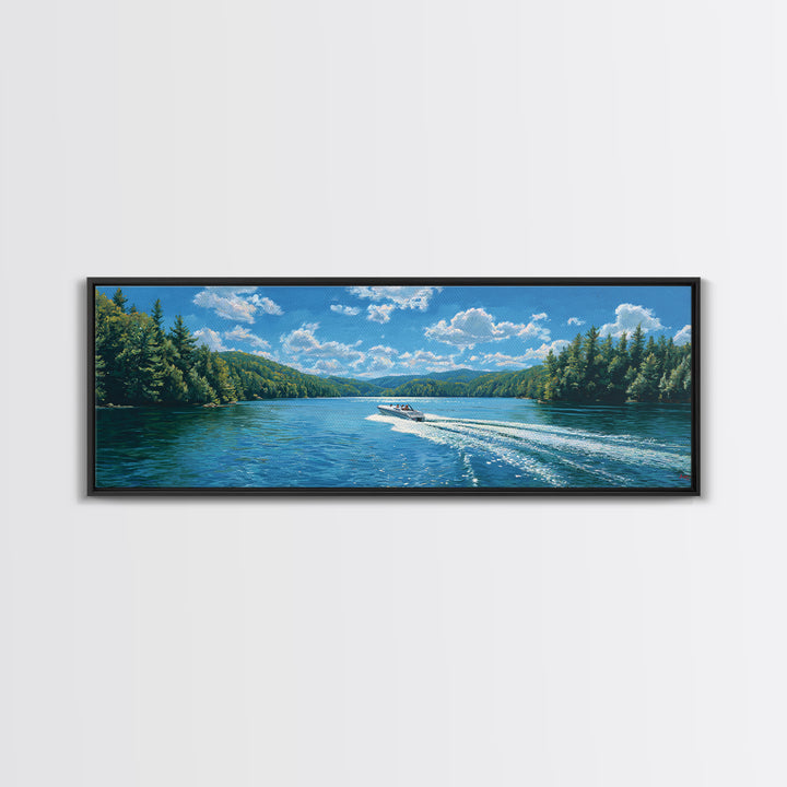 Pine Forest Lake Wall Art, Speedboat Wake Landscape Canvas Print, Lake House Decor, Nature Wall Decor, Large Wall Art Prints