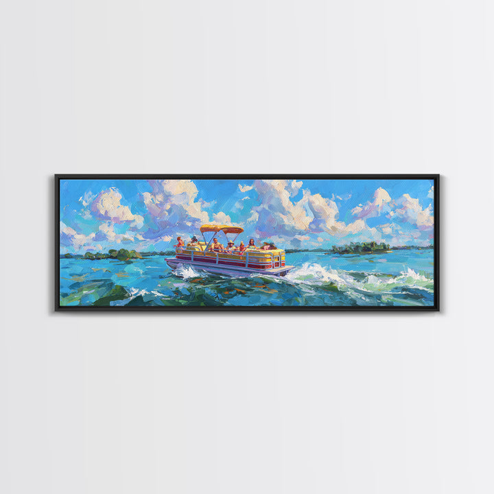 Colorful Pontoon Boat Lake Canvas Print, Coastal Wall Art, Summer Beach Decor, Nautical Landscape, Large Living Room Art