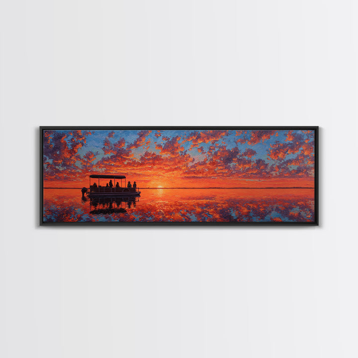 Pontoon Boat On Fiery Sunset Lake Wall Art, Orange Seascape Canvas Print, Nature Decor, Large Landscape Art, Gift For Her