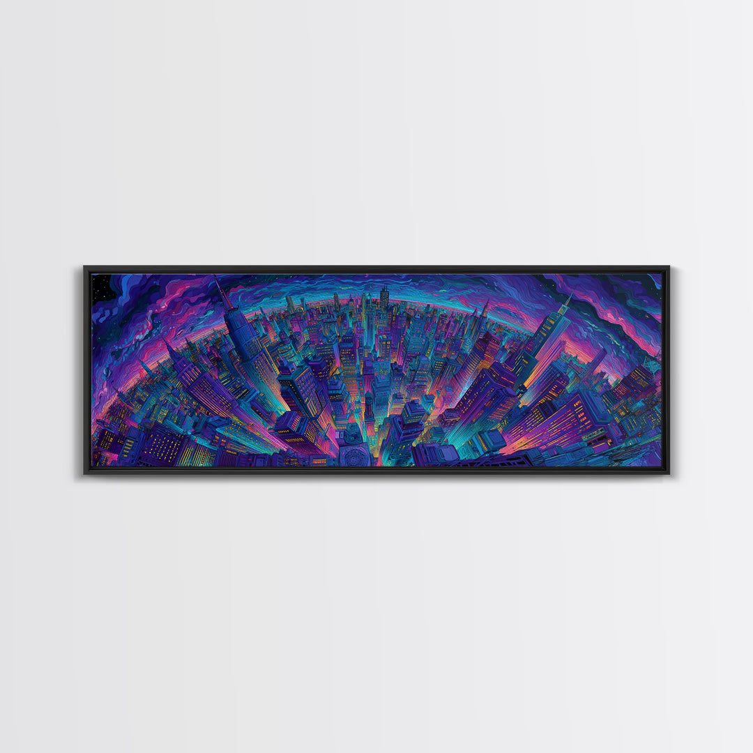 Neon Cyberpunk City Skyline Framed Canvas Print, Futuristic Wall Art, Sci Fi Wall Decor, Gaming Room Art, Urban Home Decor