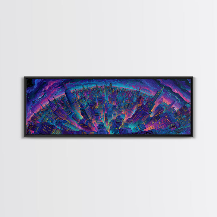 Neon Cyberpunk City Skyline Framed Canvas Print, Futuristic Wall Art, Sci Fi Wall Decor, Gaming Room Art, Urban Home Decor