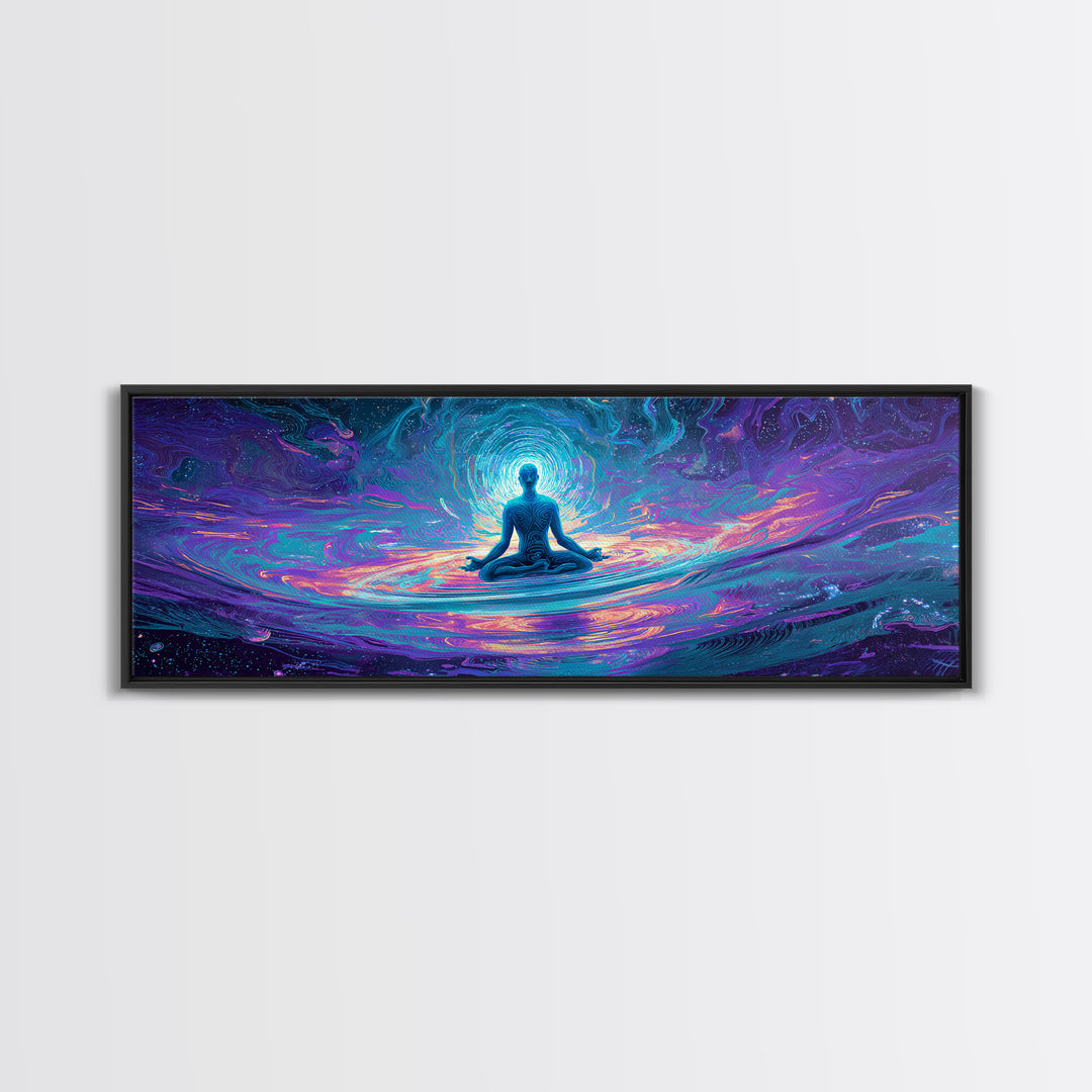 Meditating Figure Cosmic Water Wall Art, Spiritual Celestial Canvas Print, Psychedelic Zen Decor For Yoga Studio Or Meditation Room